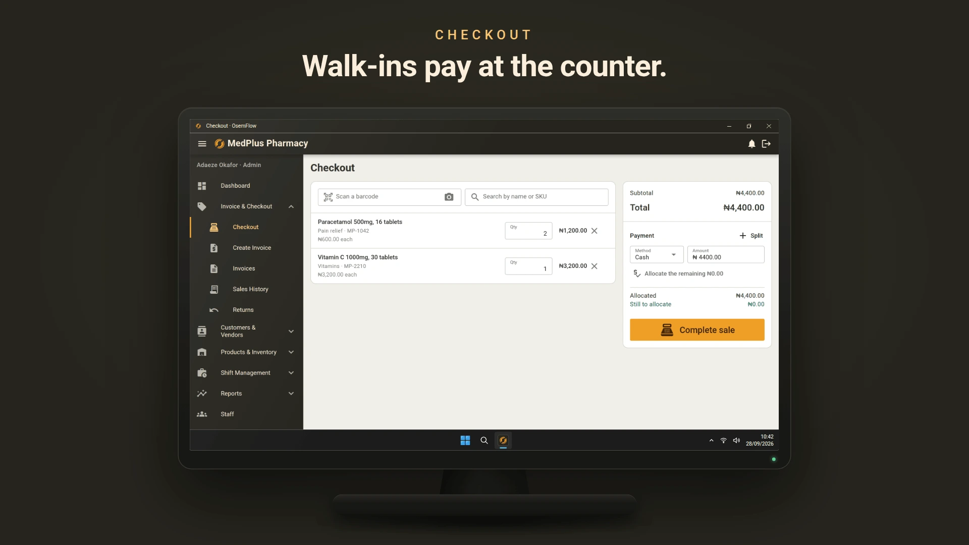 The OsemFlow checkout screen