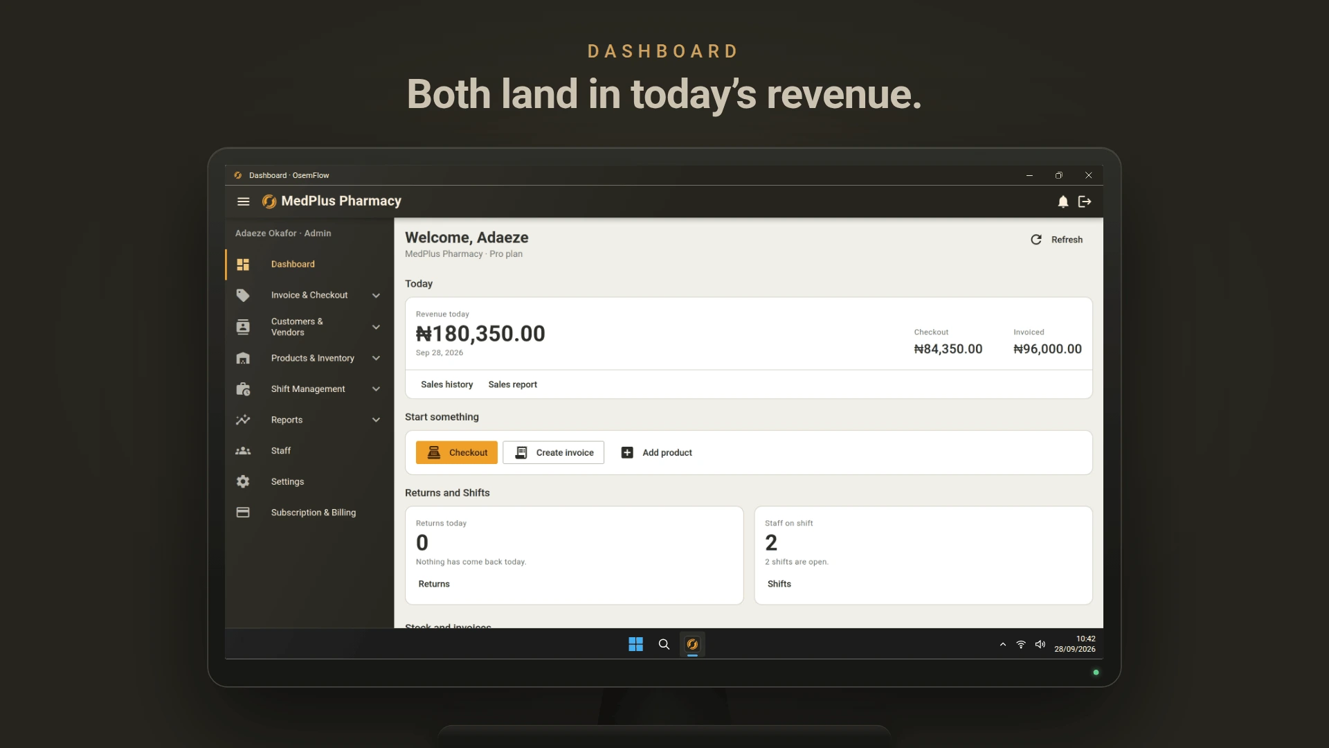 The OsemFlow dashboard: today's revenue split between checkout sales and invoices, with shortcuts to start a sale, create an invoice or add a product.